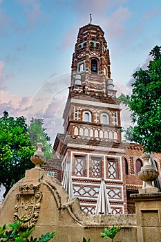 Poble Espanyol bell tower from the town of Utebo in Aragon, Spain, called el Torre de los Espejos, or tower of mirrors