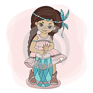 POCAHONTAS DRUM Indian Princess Hero Vector Illustration Set