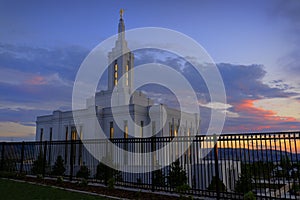 Pocatello Idaho LDS Mormon Temple with Lights at Sunset