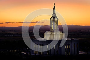 Pocatello Idaho LDS Mormon Temple with Lights at Sunset