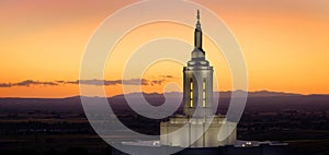 Pocatello Idaho LDS Mormon Temple with Lights at Sunset