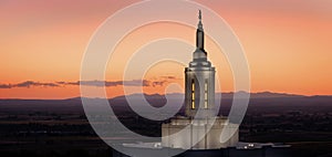 Pocatello Idaho LDS Mormon Temple with Lights at Sunset