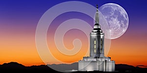 Pocatello Idaho LDS Mormon Temple with Lights at Sunset Full Moon