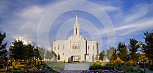 Pocatello Idaho LDS Mormon Temple Sky Clouds Flowers and Trees