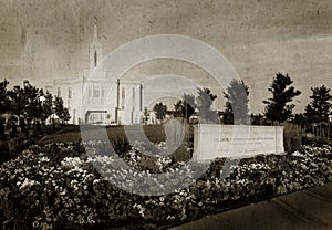 Pocatello Idaho LDS Mormon Temple Sky Clouds Flowers and Trees old fashioned photography textured paper