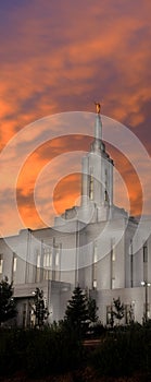 Pocatello LDS Mormon Latter-Day Saint Temple at Sunset with Glowing Lights