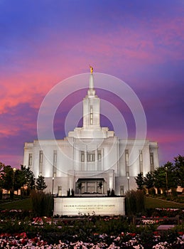 Pocatello LDS Mormon Latter-Day Saint Temple at Sunset with Glowing Lights