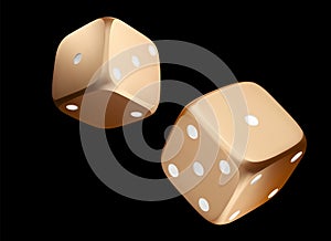 Pocer dice. View of golden white dice. Casino gold dice on black background. Online casino dice gambling concept isolated on black