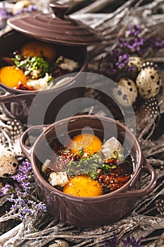 Poched Eggs in Cocotte for Easter Brunch.