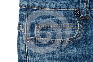 Pocket of blue women's jeans with metal buttons