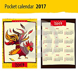 Pocket calendar 2017 Chinese New Year of the Rooster . Vector Il