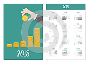 Pocket calendar 2018 year. Week starts Sunday. Hand holding gold coin icon. Diagram shape stacks. Dollar sign symbol. Cash money.