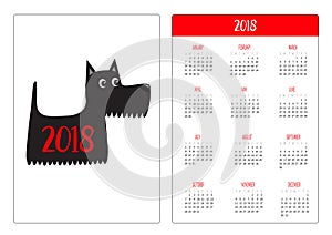 Pocket calendar 2018 year. Week starts Sunday. Scottish terrier black dog. Scottie puppy. Cute cartoon character. Pet animal colle