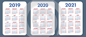 Pocket calendar 2019, 2020, 2021 set. Basic simple template. Wee
