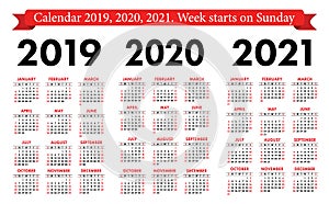 Pocket calendar 2019, 2020, 2021 set. Basic simple template. Week starts on Sunday