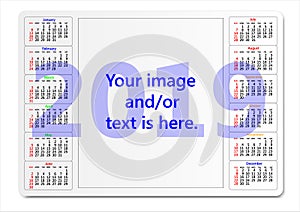 Pocket calendar for 2019 year. Can be used as a template for your design.