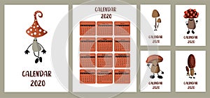 Pocket calendar 2020. Children`s style. Forest mushrooms. Autumn harvest. White background. Different covers. Week starts from