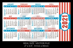 Pocket Calendar 2021, vector, start on Sunday.