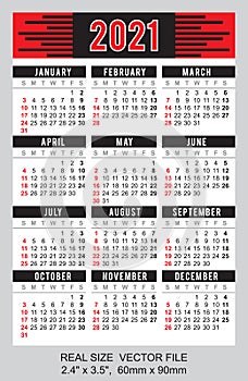 Pocket Calendar 2021, vector, start on Sunday.