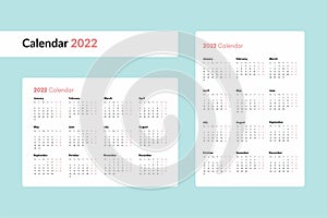 Pocket calendar on 2022 year. Horizontal and vertical view. Week starts from Monday
