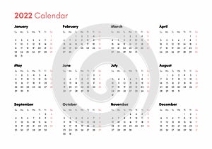 Pocket calendar on 2022 year. Horizontal view. Week starts from Sunday