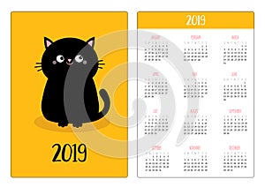Pocket calendar 2019 year. Week starts Sunday. Black cat sitting icon. Cute funny cartoon character. Kawaii animal. Kitty kitten