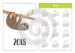 Pocket calendar 2018 year. Week starts Sunday. Sloth hanging on tree branch . Cute cartoon character. Wild jungle animal collectio