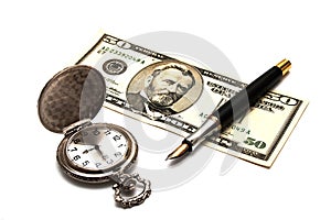 Pocket clock, pen and banknote