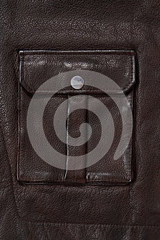 Pocket of a dark brown leather jacket.