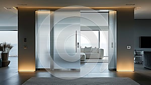 A pocket door in a modern home made of frosted glass with a slim stainless steel frame and a discreet handle photo