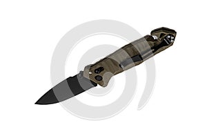 Pocket folding knife with sling cutter and cullet. Compact metal sharp knife with a black folding blade. Isolate on a white back photo