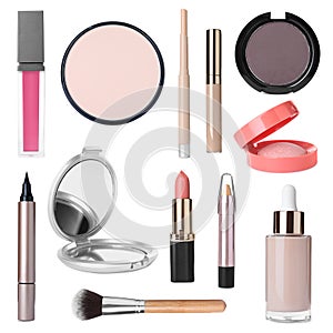 Pocket mirror, makeup brush and decorative cosmetics on white background, collage