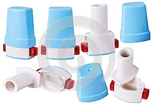 Pocket personal capsule inhaler in various positions isolated photo