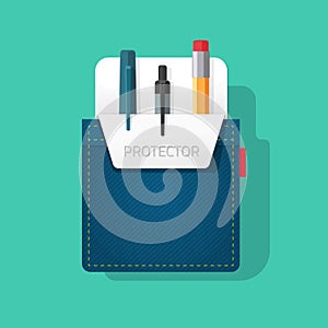 Pocket protector vector, flat style jeans shirt pocket with pen and pencils, tools photo