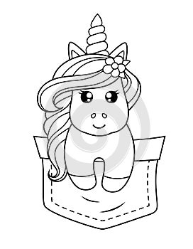 Pocket unicorn. Black and white illustration for coloring book