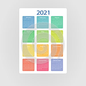 Pocket vector calendar 2021 year. Minimal business simple clean design multi colored months. English grid, week starts from sunday