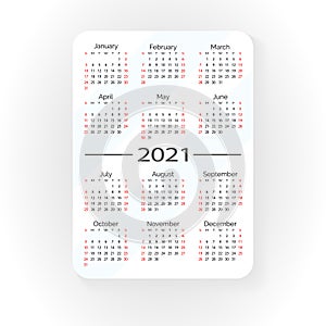 Pocket vector calendar 2021 year. Text centered. Minimal business simple clean design. English grid, week starts from sunday