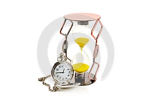 Pocket watch and hourglass isolated on white background