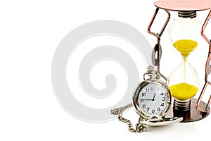 Pocket watch and hourglass isolated on white background. Free space for text