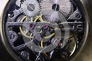 Pocket watch internal mechanism close up shot