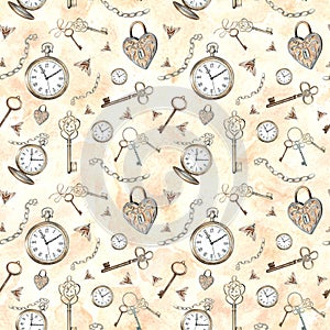 Pocket watch, keys, chain, lock, moths on a beige background. Watercolor seamless pattern with vintage elements. Hand