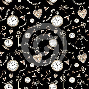 Pocket watch, keys, chain, lock, moths on a black background. Watercolor seamless pattern with vintage elements. Hand