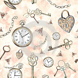 Pocket watch, keys, chain, lock, moths on a peach background. Watercolor seamless pattern with vintage elements. Hand