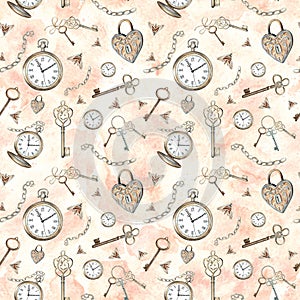 Pocket watch, keys, chain, lock, moths on a peach background. Watercolor seamless pattern with vintage elements. Hand