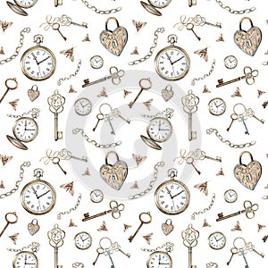 Pocket watch, keys, chain, lock, moths on a white background. Watercolor seamless pattern with vintage elements. Hand