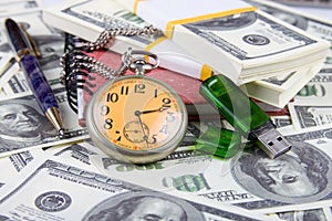 Pocket watch, notebook and pen