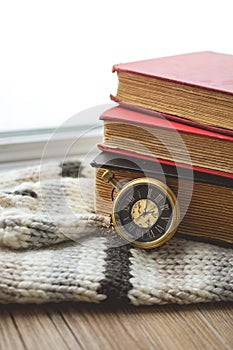 Pocket Watch with Old Books on Scraf in Vintage Tone