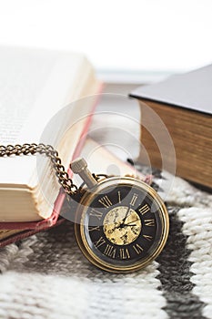 Pocket Watch with Old Books on Scraf in Vintage Tone