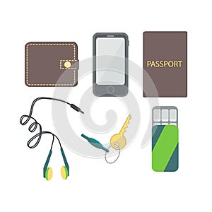 In the pockets of men- wallet, passport, cell phone, headphones, gum, key.