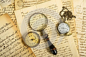 Pocketwatch compass and magnifying glass